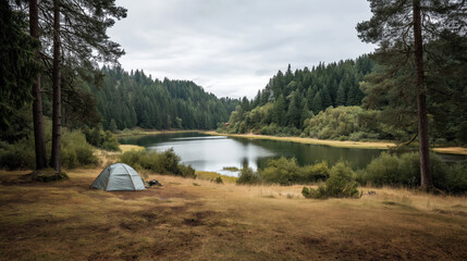 Peaceful forest camping site by the lake with tent and scenic pine tree background under cloudy sky
