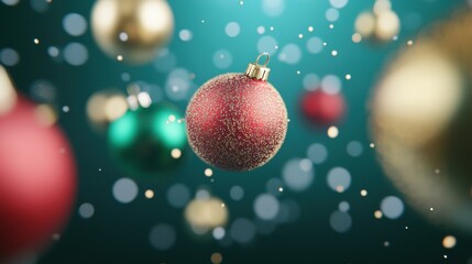 Obraz premium Red and green ornaments shine against a vibrant backdrop, aglow with festive lights and soft bokeh, capturing the holiday spirit