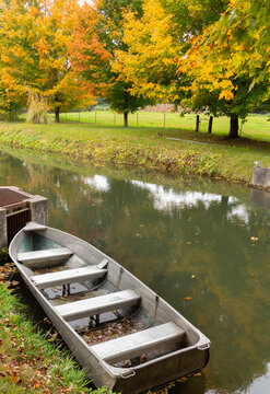 Rowboat on river at Miller's Cider Mill in Amish Country in Middlebury, northern Indiana