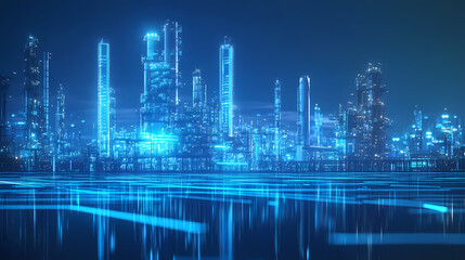 Fototapeta premium City of The Future: A mesmerizing view of a futuristic metropolis bathed in cool blue neon, where technology and architecture blend in an awe-inspiring spectacle.