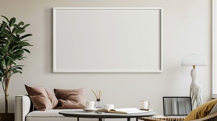 A white rectangular frame in the living room, mounted above a small coffee table with a cup, a laptop, and a book. HD 8K wallpaper mockup Photographic Image