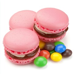 Fototapeta premium Pink macarons with chocolate filling and colorful candies