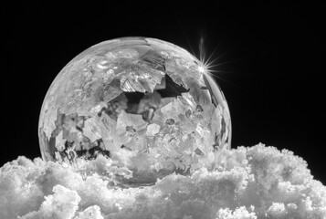 USA, Indiana, Carmel. Close-up of frozen soap bubble and snow.
