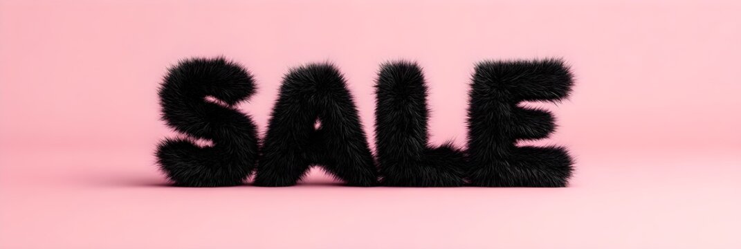 Fluffy Black Fur Sale Sign on Pink Background