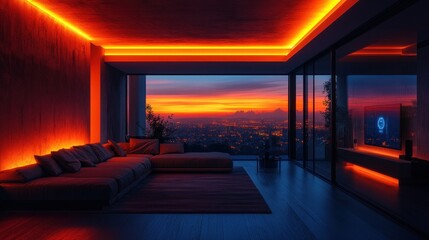 Orange Sunset Luxury Living Room with City View