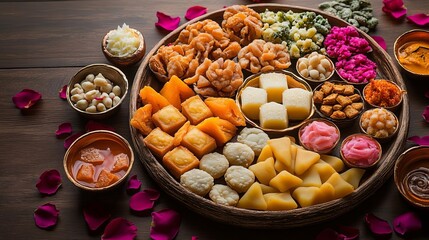 Fototapeta premium Indian Sweet Treats Platter Festive Food Diwali Sweets Traditional Indian Dessert Mithai Assortment