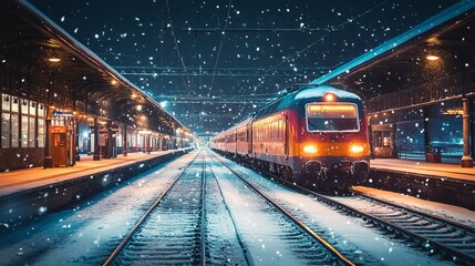 Obraz premium Train Station at Night with Snowfall and Lights