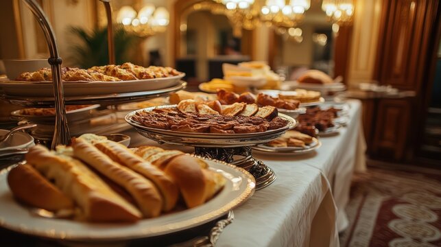 Lavish hotel buffet breakfast pastries, bread, opulent dining room