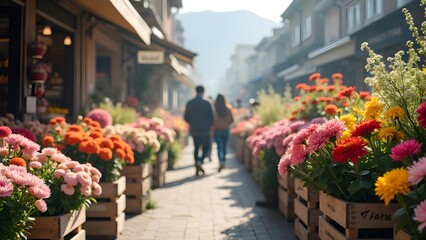 Fototapeta premium Charming Flower Market Street Scene with Colorful Blooms and a Couple Strolling Down the Aisle