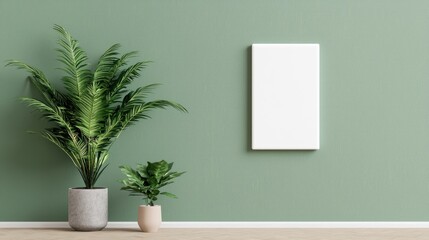 Sage green wall minimalist interior with blank canvas and potted plants