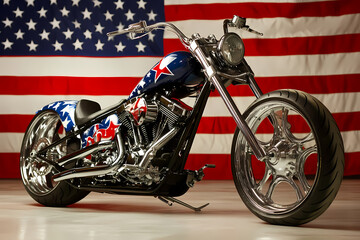 Fototapeta premium American Chopper: A custom-built American chopper motorcycle, adorned with an American flag pattern, stands proudly against a backdrop of the stars and stripes, symbolizing freedom, power.