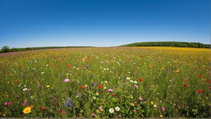 Obraz premium A Vista of Vibrant Wildflowers Blooming Under a Clear Blue Sky, a Colorful Meadow Stretching Towards a Verdant Horizon.