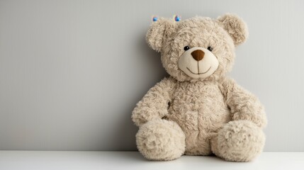 Obraz premium light beige-colored teddy bear sitting on a white surface against a plain gray background