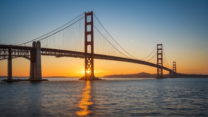 Fototapeta premium Golden Gate Illumination: Capturing the Majestic Bridge at Sunset with Warm Golden Light Reflecting on the Calm Water.