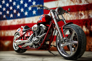 American Freedom Ride: A classic chopper motorcycle, adorned with patriotic symbols, stands proudly against a backdrop of the stars and stripes, embodying freedom, adventure, and the open road.