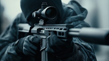 A focused sniper, aiming with a high-powered rifle.