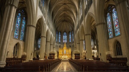 Obraz premium Majestic Interior of a Gothic Cathedral, Showcasing Stained Glass and Soaring Columns in an Architectural Masterpiece.