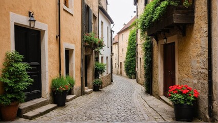Fototapeta premium A Winding Cobblestone Path Through a Quaint European Village, Featuring Buildings Adorned with Flowers and Timeless Architectural Details.