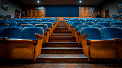 Fototapeta premium Empty auditorium with rows of blue seats and wooden armrests, leading up a wooden staircase to a large screen.