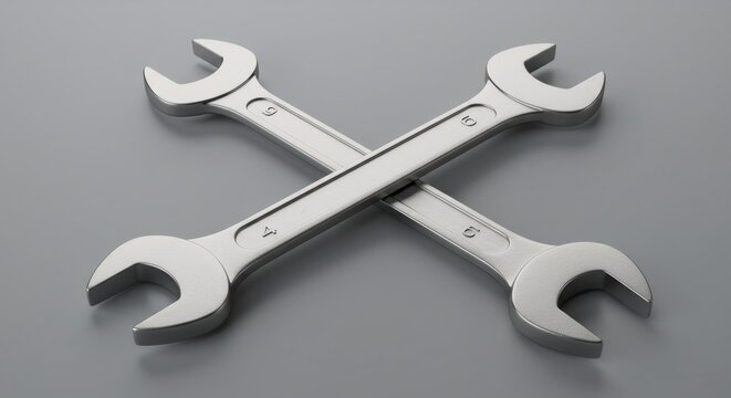 Crossed metal wrenches on gray background. Labor Day symbol of manual work. Mechanic and construction tools for repair service. Concept of maintenance and industrial labor