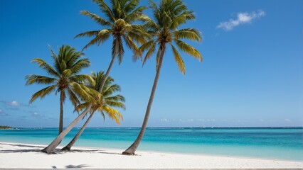 Obraz premium Serene Shores: Palm Trees Swaying Above Azure Waters, Offering a Tranquil Escape to a Tropical Paradise.