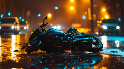 Urban Collision: A motorcycle lies damaged on a rain-slicked city street at night, illuminated by the glow of streetlights and car headlights, conveying a narrative of an accident or aftermath.