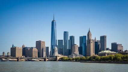 Naklejka premium Modern Metropolis: A Captivating Skyline Displaying Architectural Marvels Against a Clear Blue Sky, Reflecting in the Calm Waters Below.