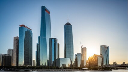 Naklejka premium Skyline of a Modern City Bathed in the Golden Light of Dawn, Reflecting a Vibrant and Dynamic Urban Landscape