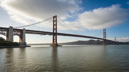 Naklejka premium A Magnificent Suspension Bridge Over Calm Waters, Connecting Distant Shores Under a Sky Painted with Hues of Blue and Soft, Billowing Clouds.