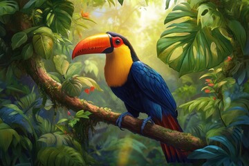 A Colorful Toucan Bird Perched Amongst Lush Tropical Greenery