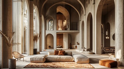 Obraz premium Spacious interior featuring arched architecture, modern furniture, and natural light