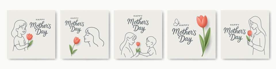 Mother s Day. Vector Square Cards with Tulip Flower And Minimal Line Art of Woman and Child. Hand Drawn Style Greeting Cards. Happy Mothers Day Floral Design For Spring Holiday Celebration