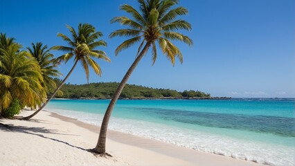 Obraz premium Azure Waters and Silken Sands: A Tranquil Tropical Beach Escape with Palm Trees Under a Clear Blue Sky.