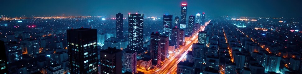 Obraz premium Night cityscape, towering screens show dynamic stock market data , background, data