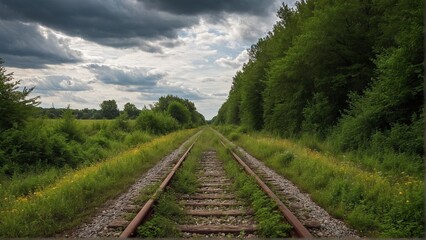 Railroad Tracks Through Lush Greenery Under a Dramatic Cloudy Sky: Nature Reclaiming Abandoned Infrastructure.
