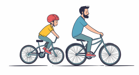 Obraz premium Father and Son Cycling: A heartwarming illustration of a father and son enjoying a bike ride together. Capturing the joy of a shared outdoor activity, embodying themes of togetherness.