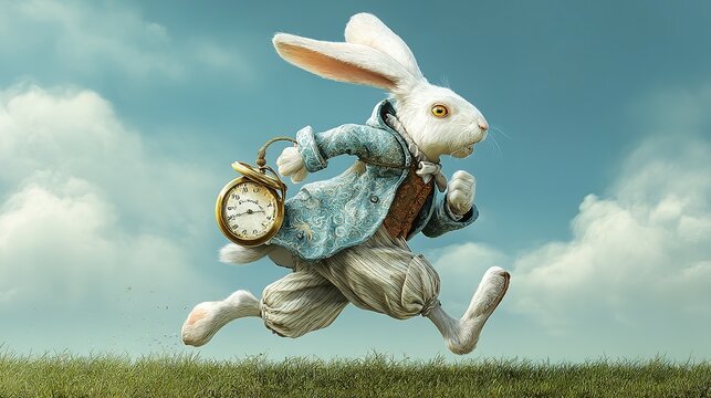 White rabbit running with a pocket watch, representing time.