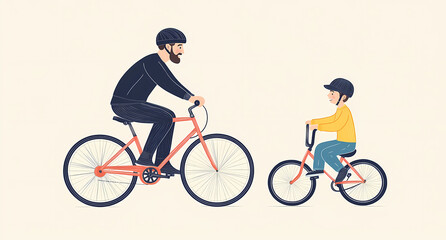 Naklejka premium Father and Son Cycling: A heartwarming moment of father and son cycling together. The image captures their close relationship while riding on a sunny day.