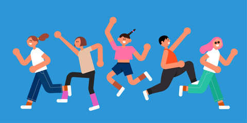 Five happy cartoon people running together