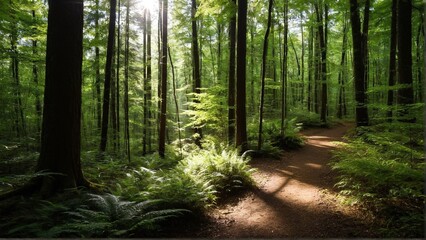 Obraz premium Sunlight Filtering Through Towering Trees Illuminates a Serene Forest Path, Beckoning Exploration and Tranquility in Nature.