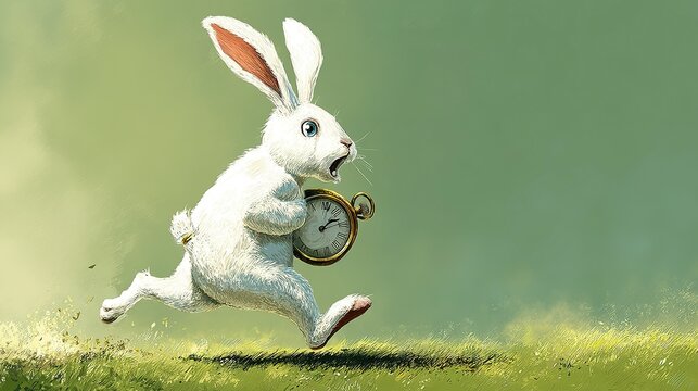 Whimsical white rabbit dashes with pocket watch.