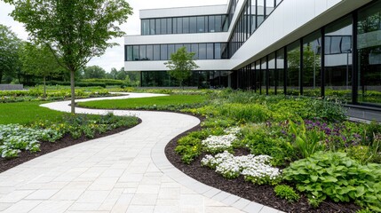 Serene garden path and modern building high resolution stock photo