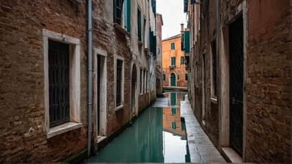 Fototapeta premium Serene Canal Reflections: A Narrow Venetian Waterway Through Ancient Buildings Capturing Timeless Beauty and Atmospheric Tranquility.