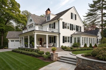 Modern colonial home exterior features a beautiful gray porch with a garden. New England style house with a wall and yard. Exterior view of a house with a porch and balcony.