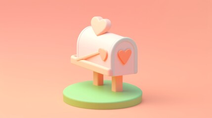 3D rendering of a cute pastel peach mailbox with envelope in isometric design, isolated on soft green background.
