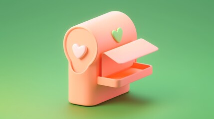 3D rendering of a cute pastel peach mailbox with envelope in isometric design, isolated on soft green background.
