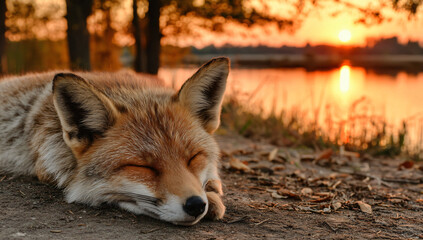 Fototapeta premium Red fox taking a peaceful nap by the water during a vibrant sunset. Warm, golden light bathes the scene.