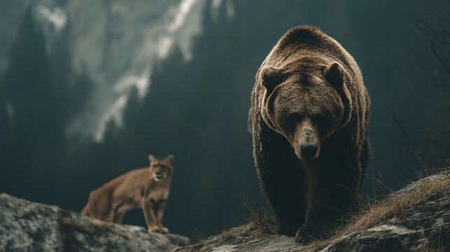 Majestic brown bear and coywolf in a mountainous wilderness.