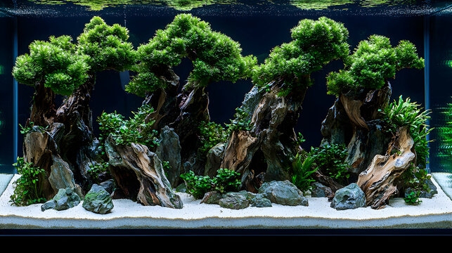Stunning aquascape design featuring lush green plants, realistic bonsai trees, and driftwood creating a serene underwater landscape.