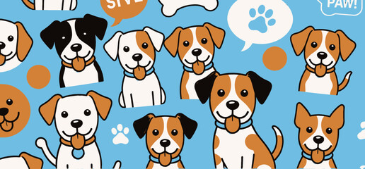 Obraz premium Cute Cartoon Dogs Pattern_Adorable Puppy Faces and Paw Prints on Blue Background_Playful Dog Illustration for Kids and Pet Lovers